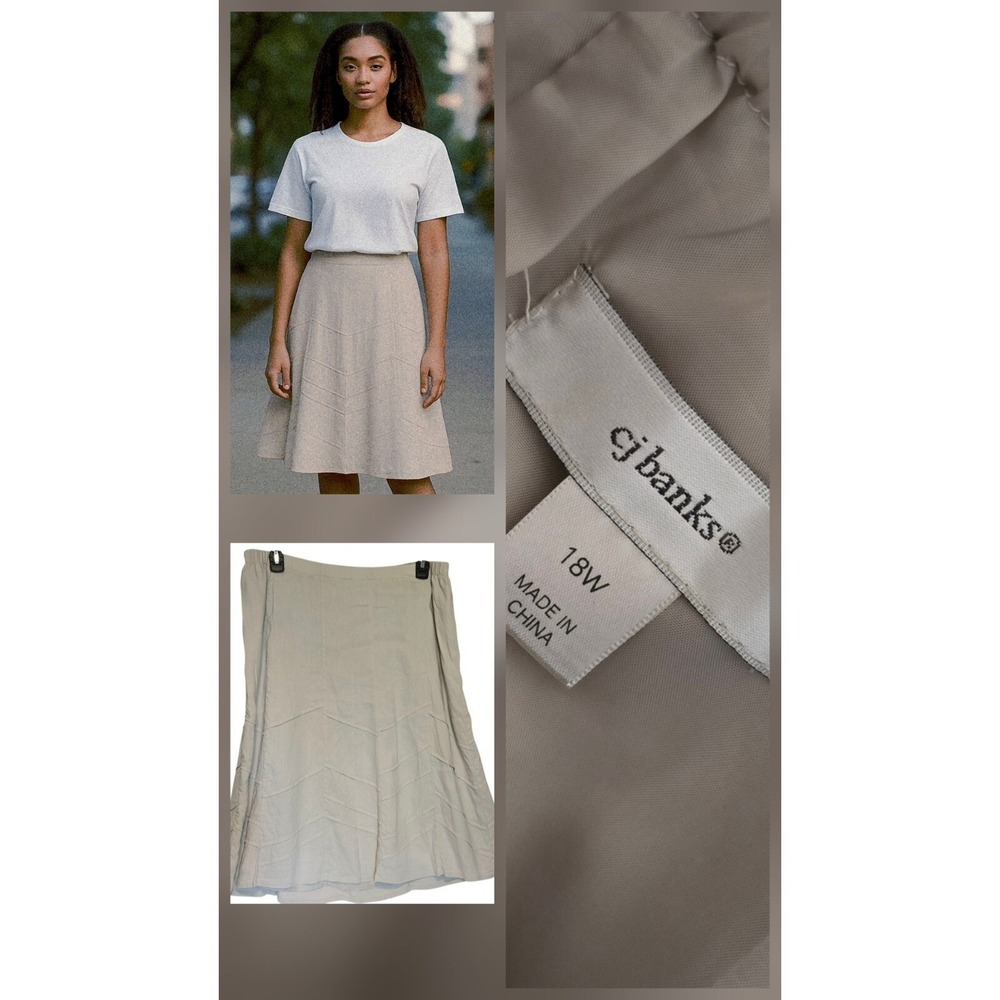 Christopher & Banks Khaki Beige A-line Midi Linen Skirt Ruffled Size‎ 18 W 36x28